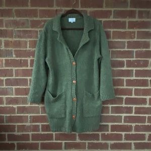 Green Button Down Sweater Vintage Duster with pockets